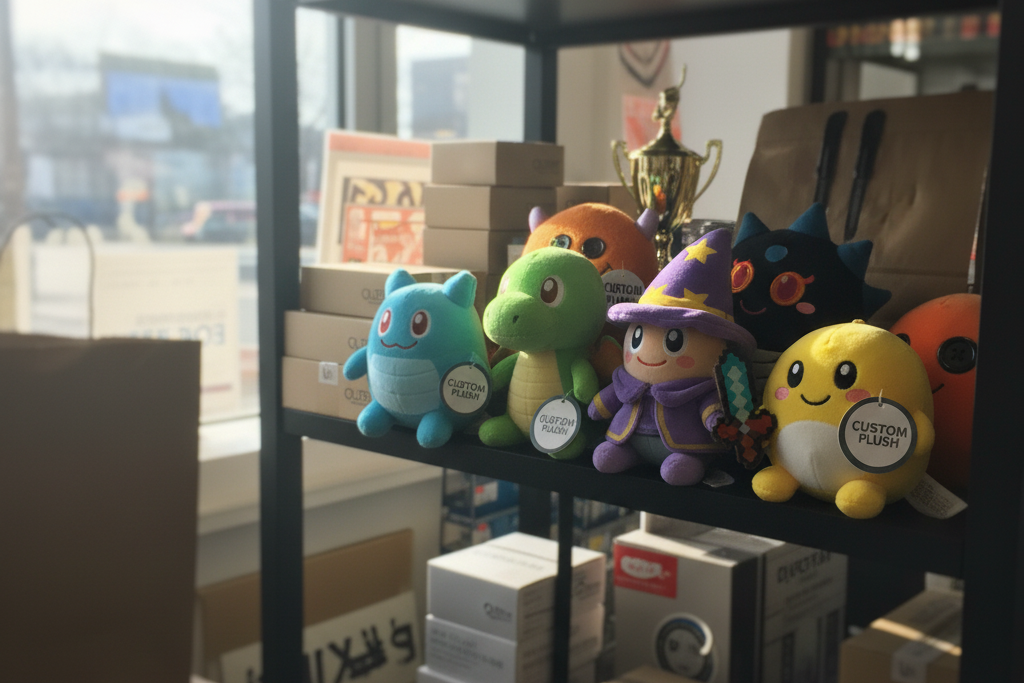 A designer sketching a plush toy character next to a brand's logo.