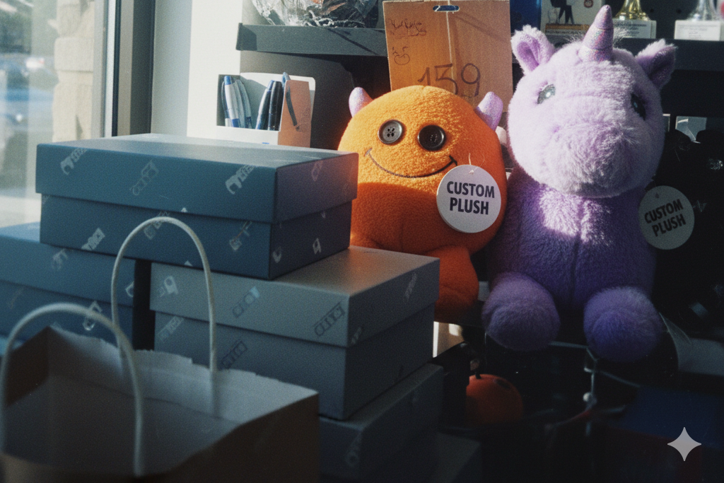 A series of collectible small plush toys lined up, each with slightly different designs.