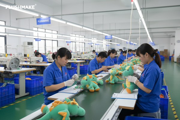 An assembly line of plush toys with inspectors checking each one at various stages.
