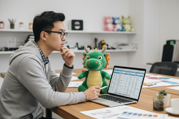 A designer reviewing a spreadsheet with plush toy cost breakdowns next to a product sample.