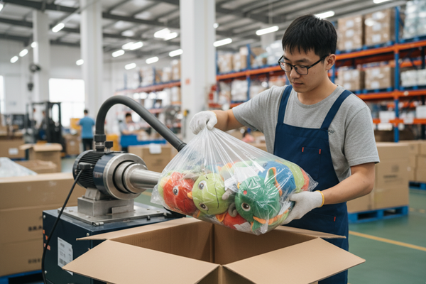 A warehouse worker vacuum-packing plush toys into a shipping box.