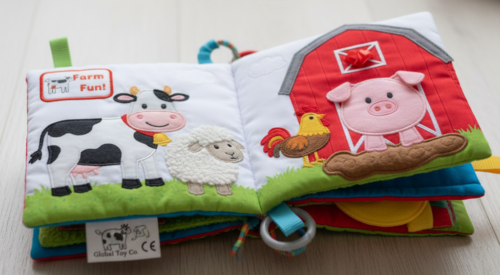 Baby-safe plush comfort items including blankets and soft books