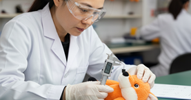 Quality inspector checking plush seams and components