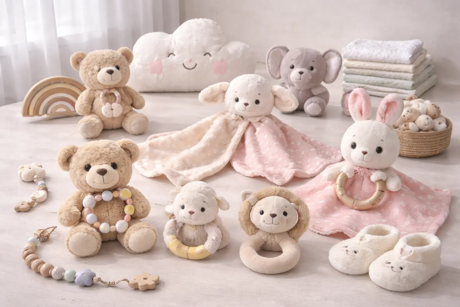Baby plush products and soft goods with gentle fabrics and safety-focused construction