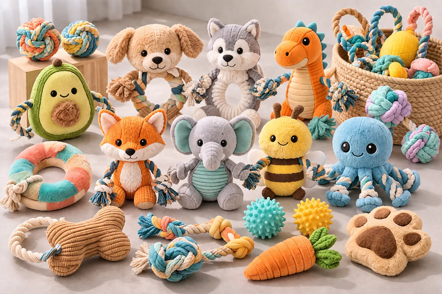 Plush pet products with reinforced seams and interactive play features
