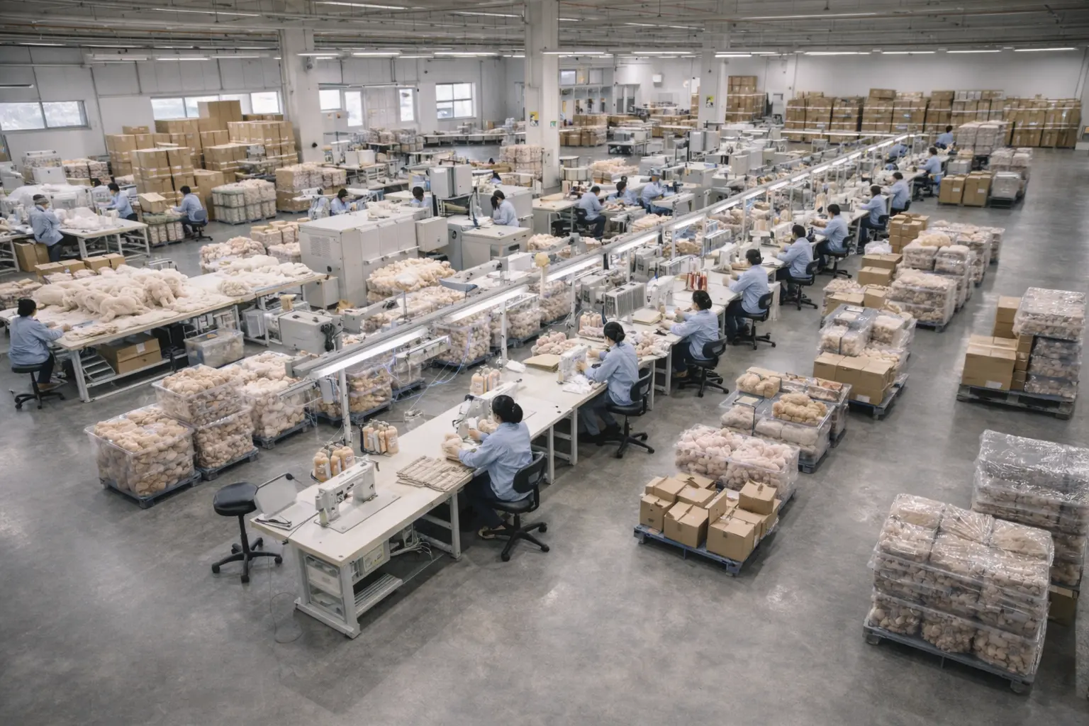 Plush manufacturing factory overview with cutting, sewing, stuffing, inspection, and packing workflow