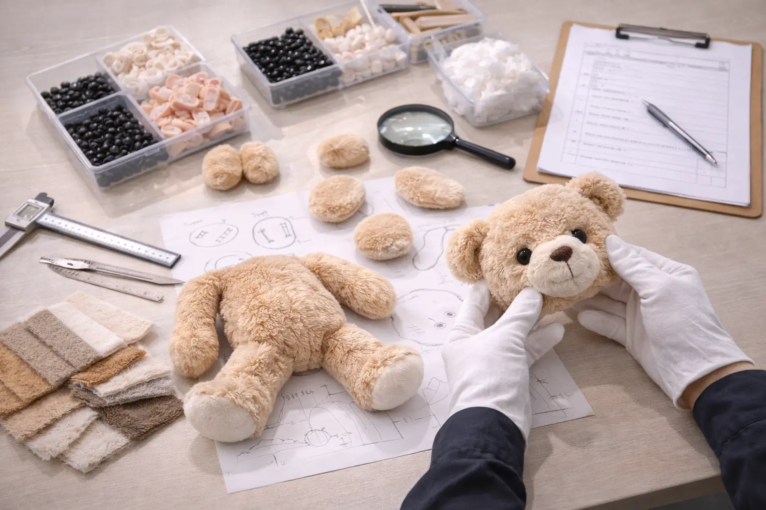 Quality inspection process for plush toys including seam check and workmanship review