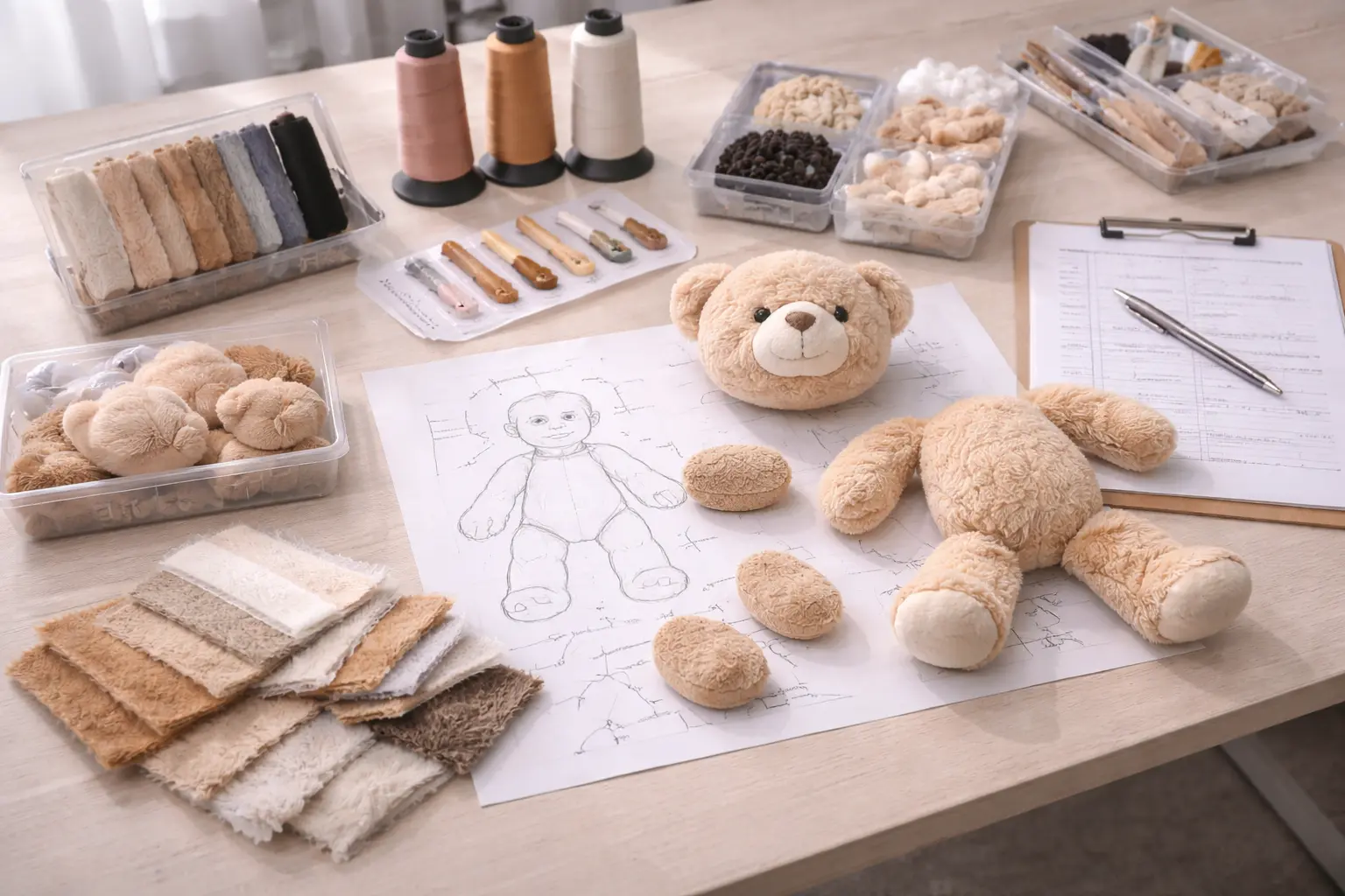 Plush sample development desk with materials, sketches, trims, and prototype planning