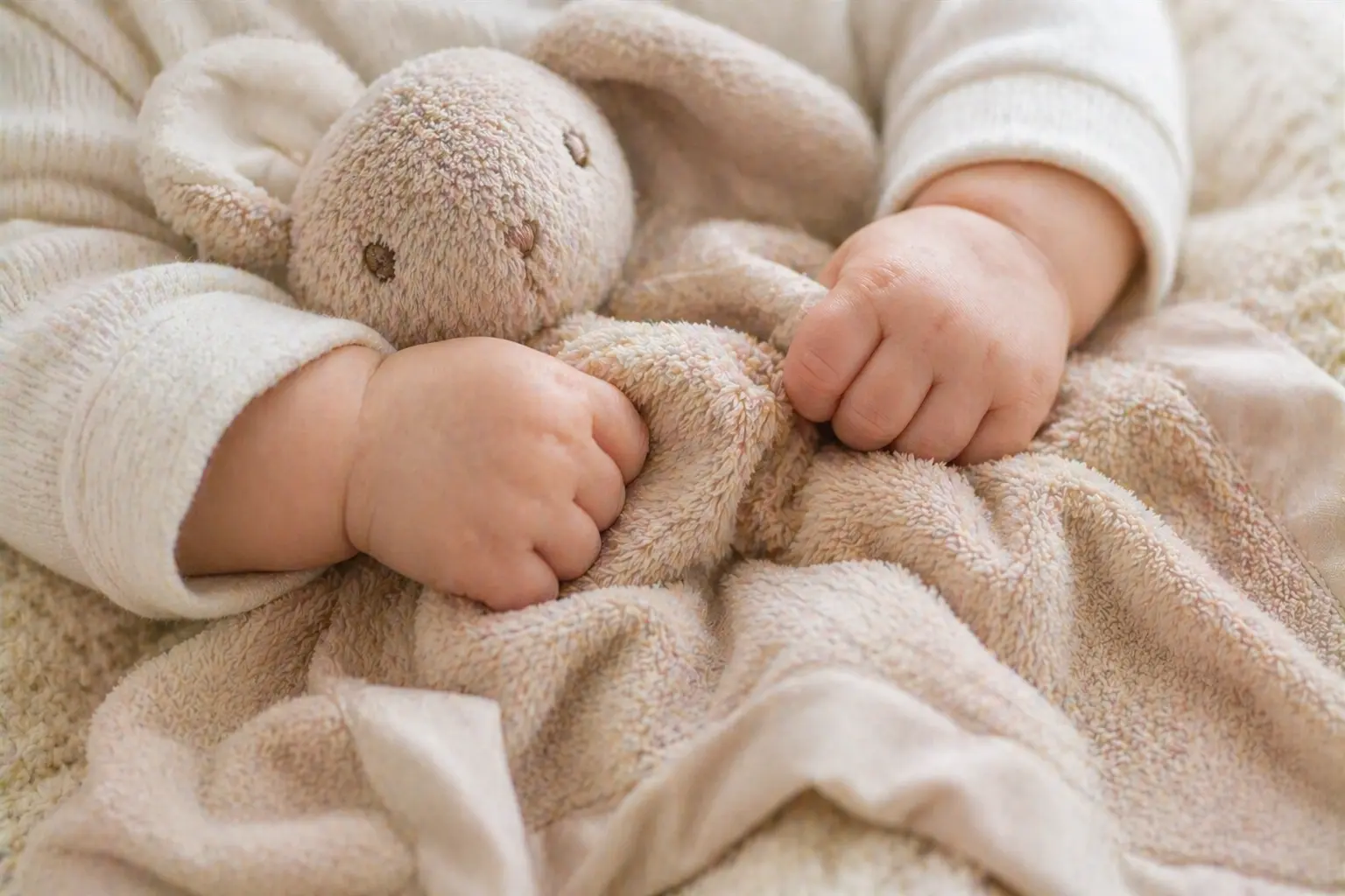 Baby plush products development scene with soft comfort items, swatches, and product planning materials