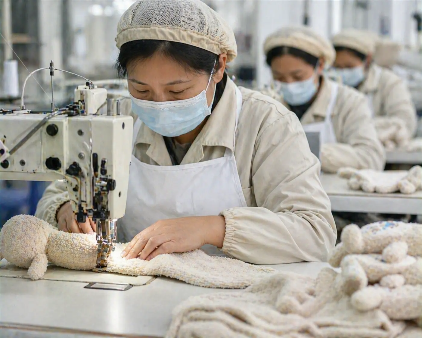 In-line QC checkpoint for baby soft goods showing stitching and seam review