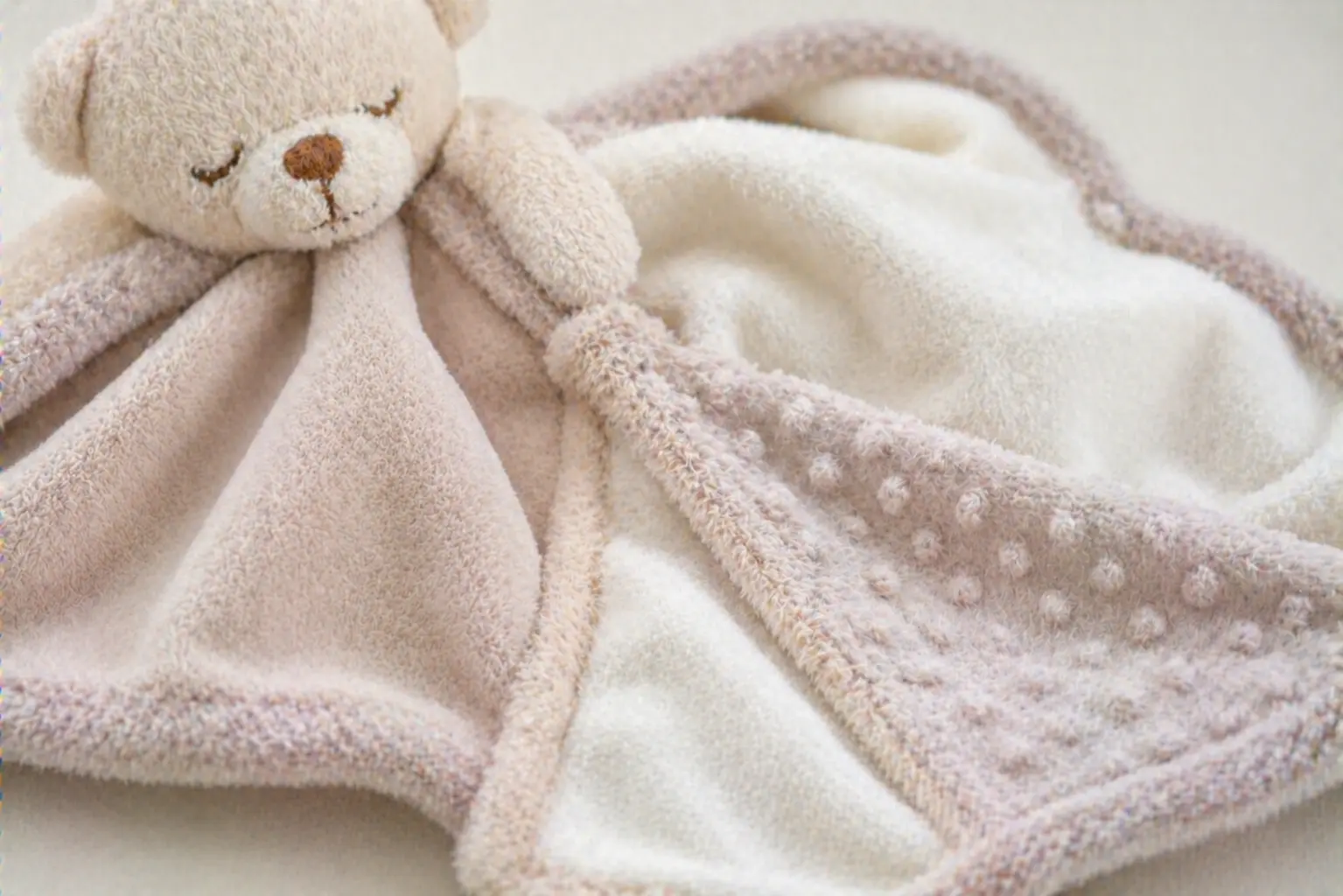 Baby comfort blanket plush texture detail photo showing velboa and sensory fabric combination