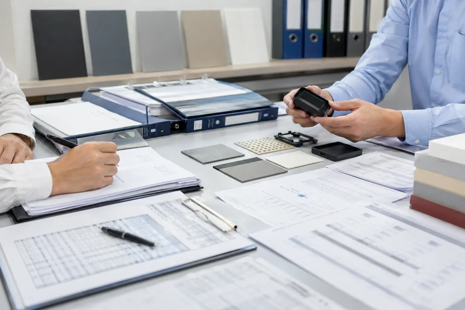 Compliance and certifications support scene with test reports, plush samples, documentation folders, and project review materials