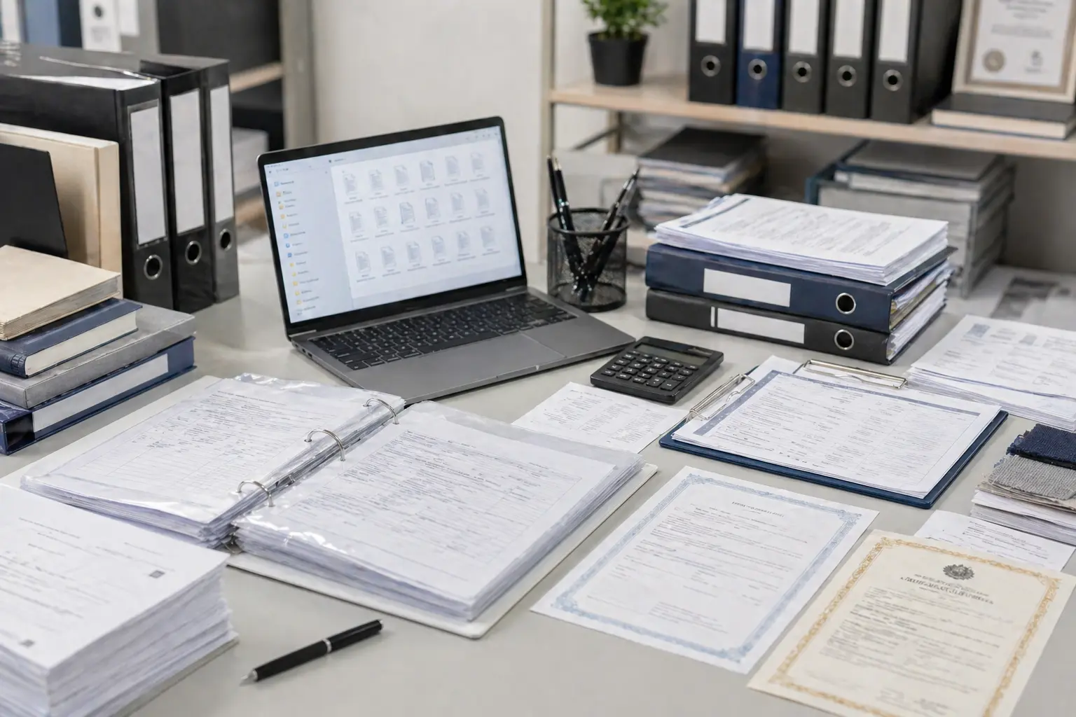 Compliance documentation system with reports, certificates, declarations, and organized manufacturing records