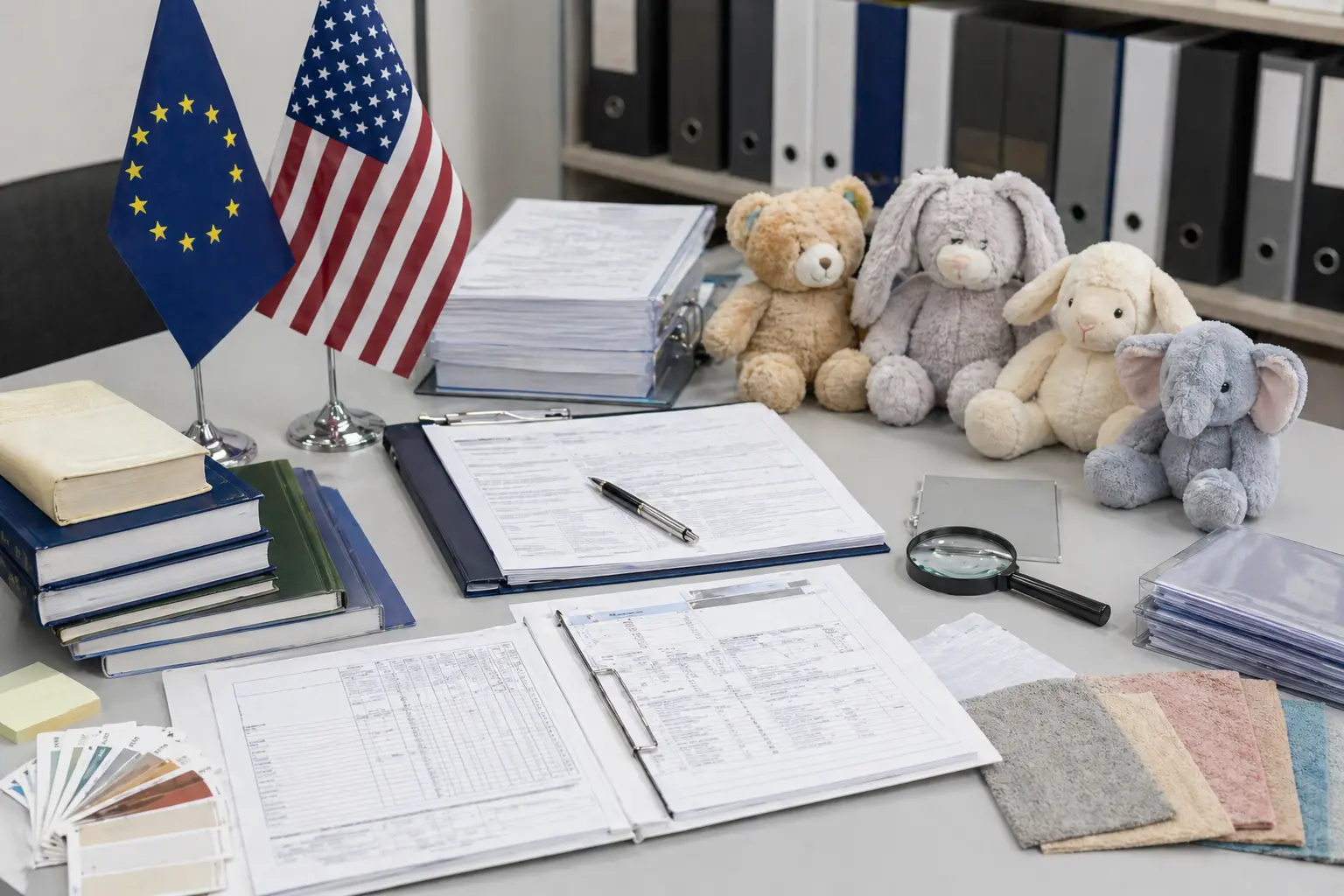 Market compliance overview with EU and US regulatory reference materials, testing paperwork, and plush product samples