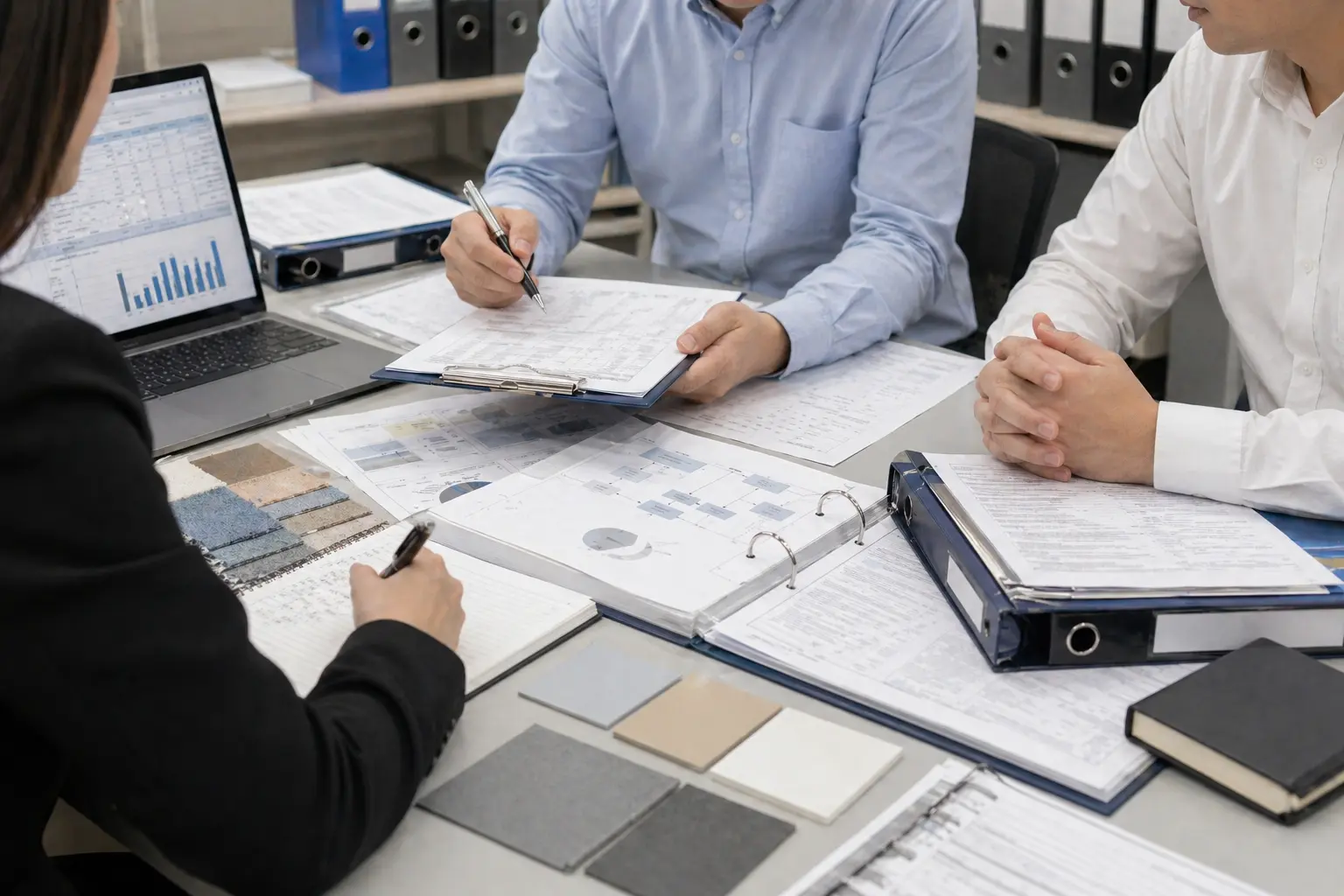Compliance support workflow showing project review, documentation coordination, and testing planning in a B2B environment