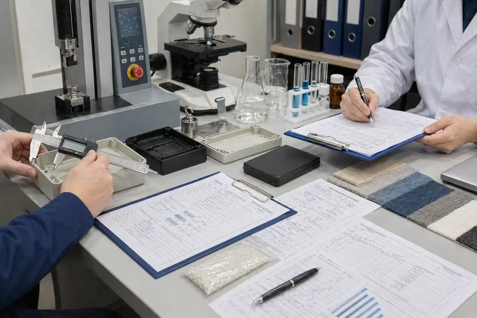 Testing procedures scene with product samples, mechanical checks, chemical analysis paperwork, and laboratory coordination visuals