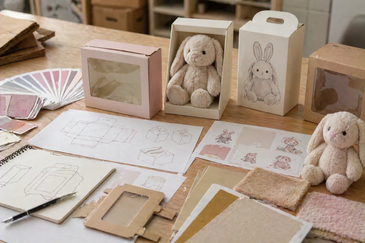 Custom plush packaging design with dielines, mockups, and packaging prototype