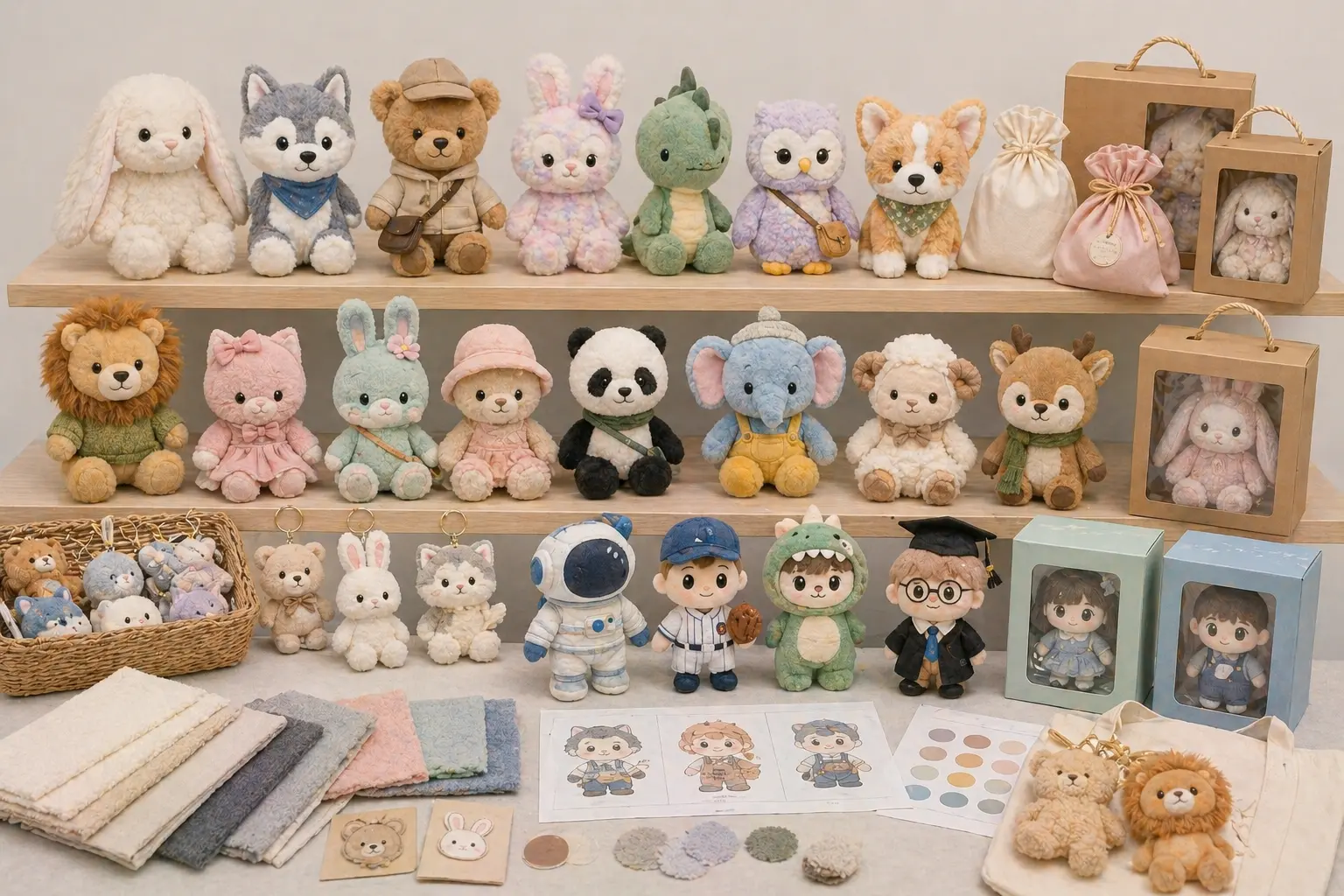 Custom plush toy examples showing different shapes, fabrics, embroidery, and accessories