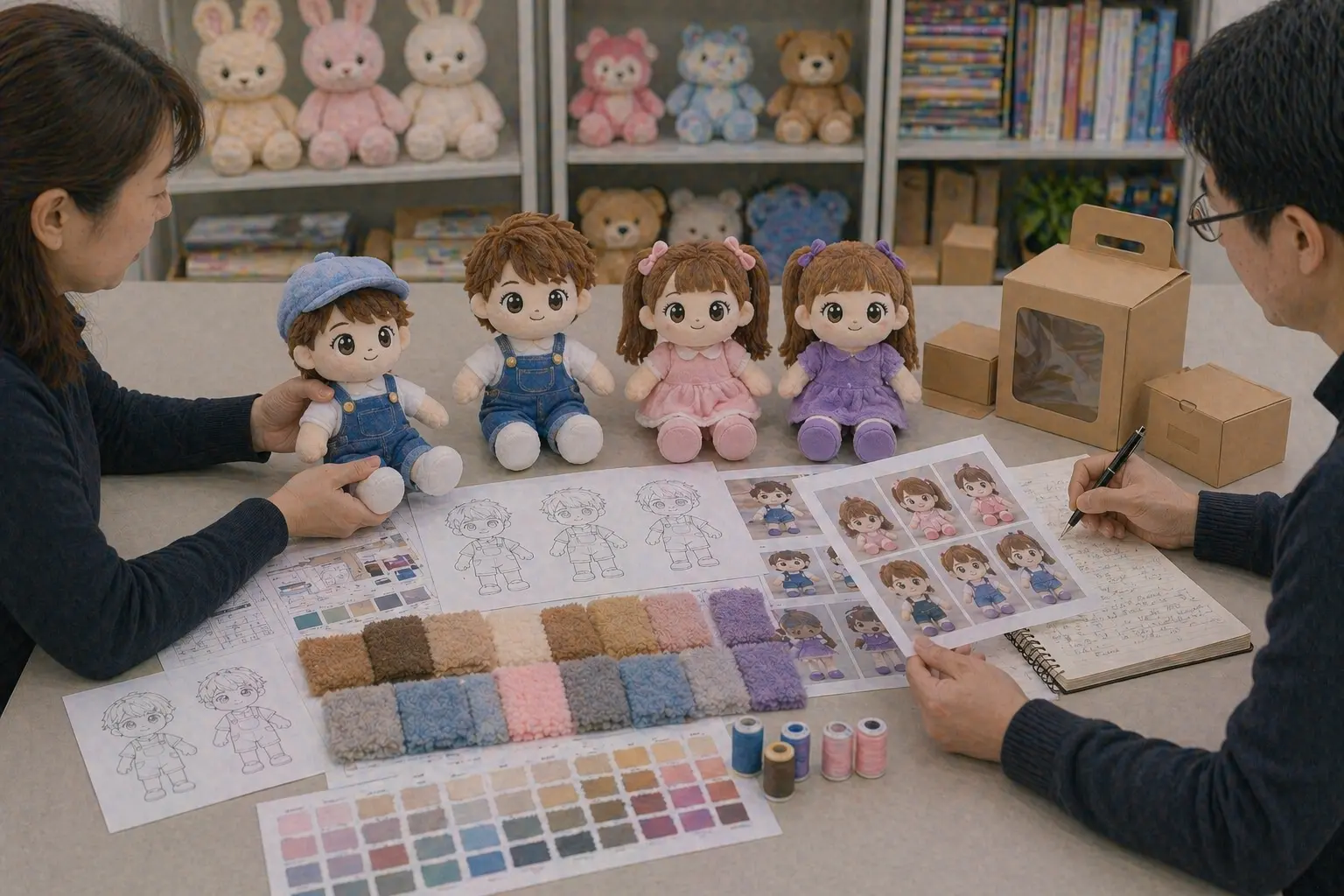 Custom plush toys manufacturing scene showing plush samples, development materials, packaging references, and project planning items