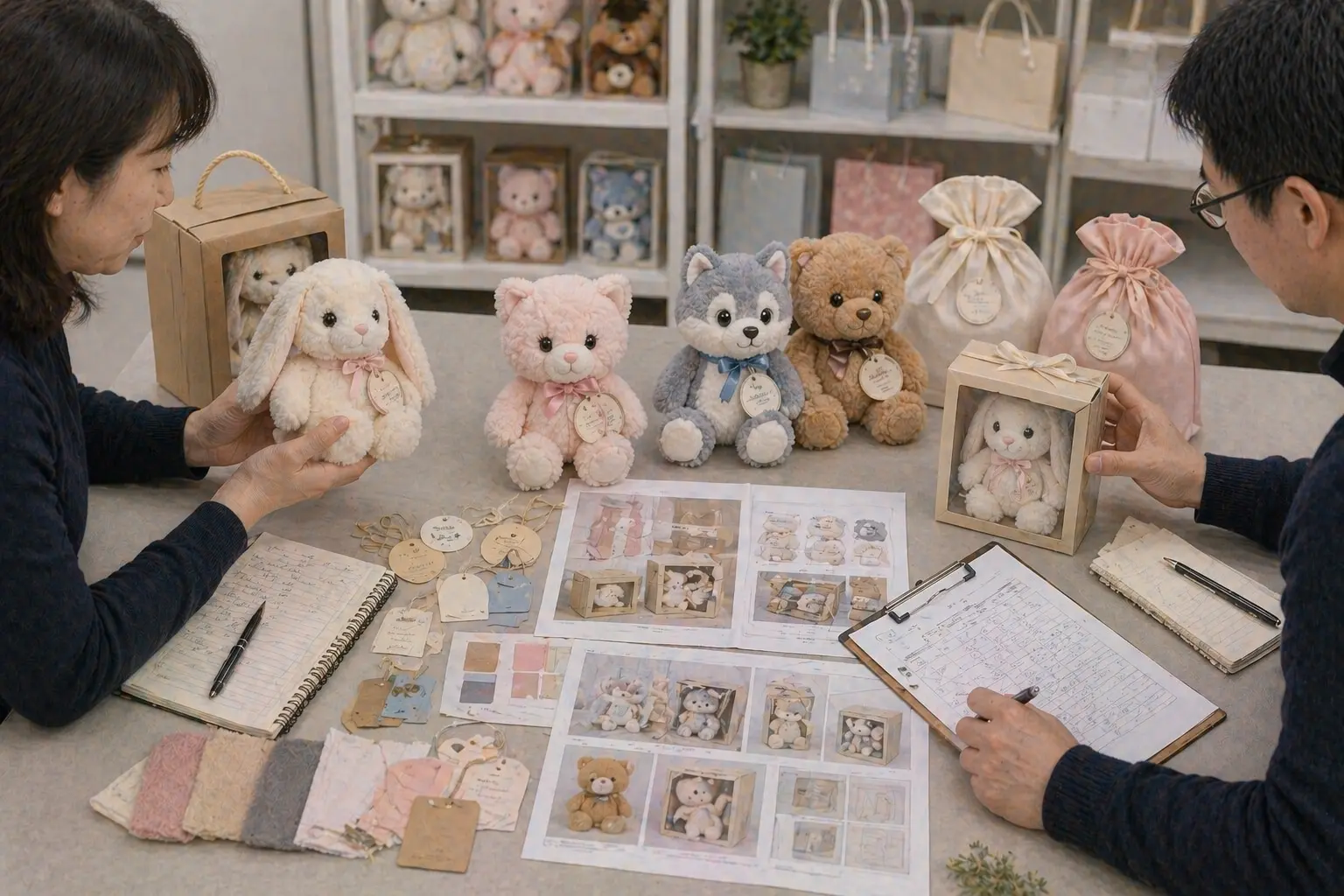 Retail-ready custom plush packaging with tags, labels, and gift-ready presentation