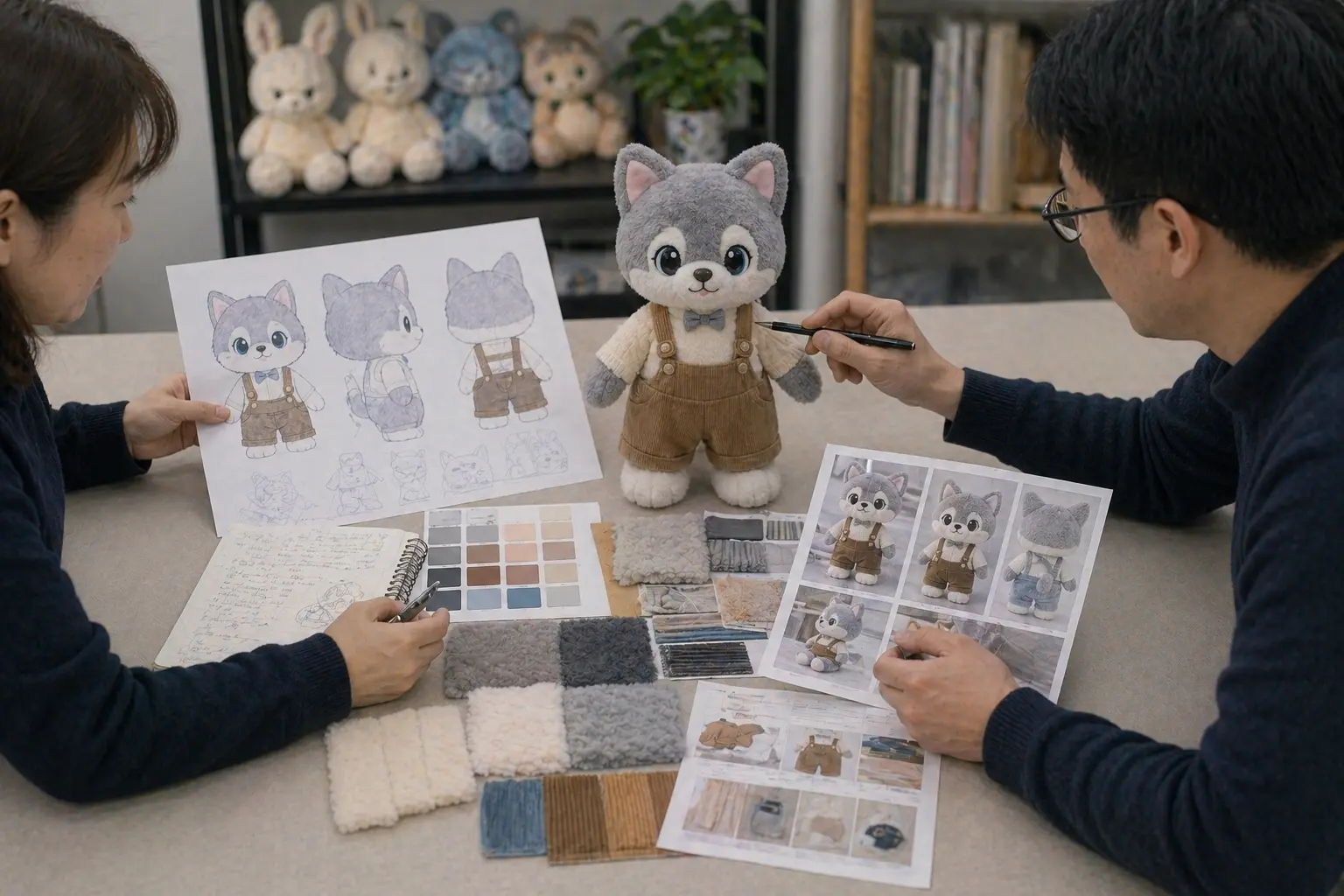 Custom plush sample review showing material references, sketches, and prototype discussion
