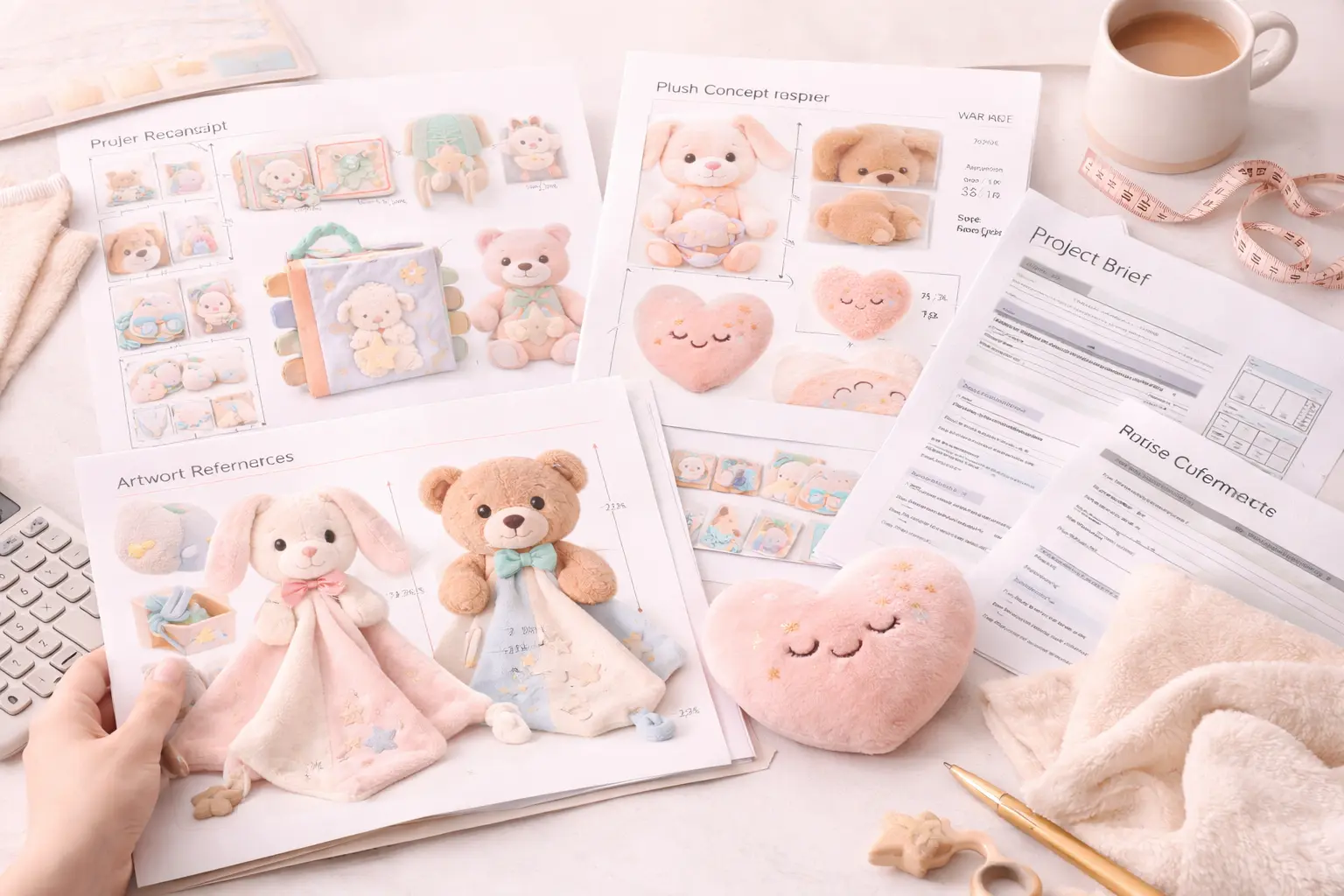 Requirement intake for custom plush project including artwork, size, quantity, and market needs