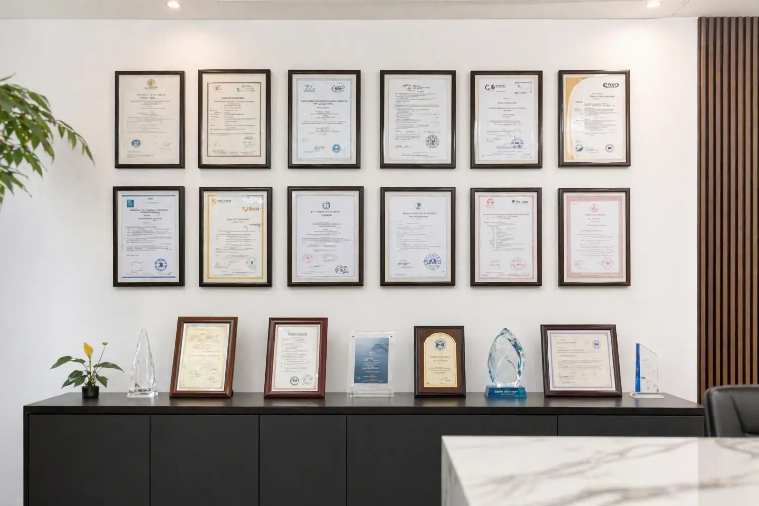 Certificate wall and audit-related office display in plush manufacturing company