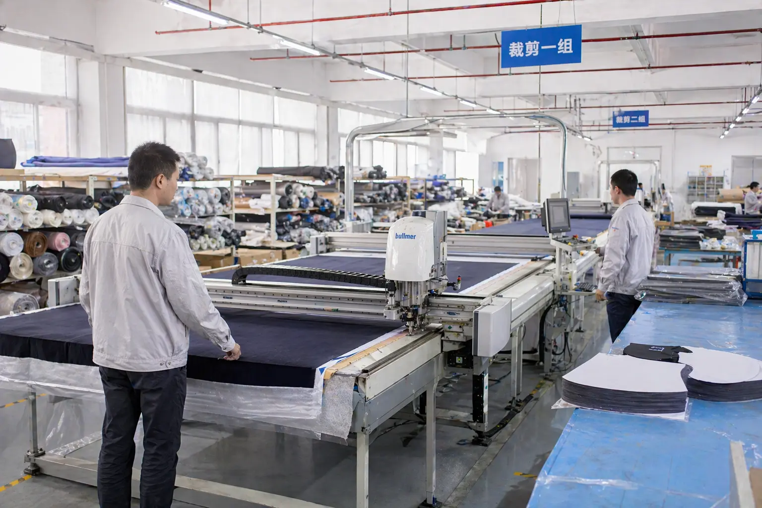 Plush manufacturing cutting department with fabric layout and controlled cutting workflow