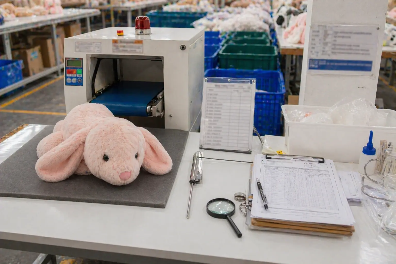 Quality control station and testing evidence for plush manufacturing workflow