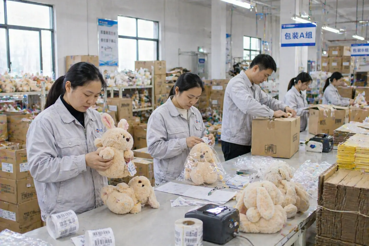 Quality inspection, needle detection, and packaging area for plush manufacturing