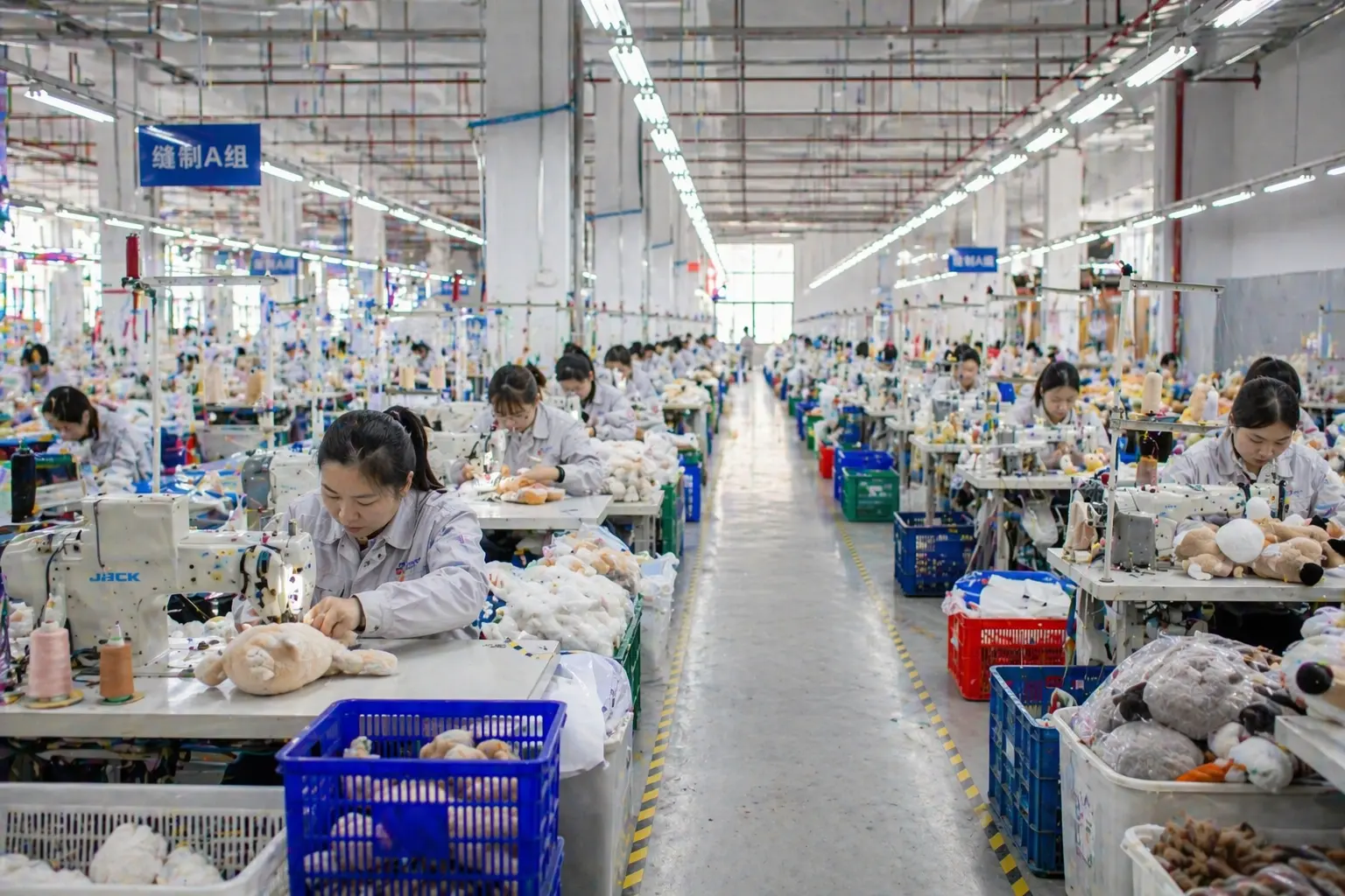 Plush toy sewing and assembly lines with category-based production workflow