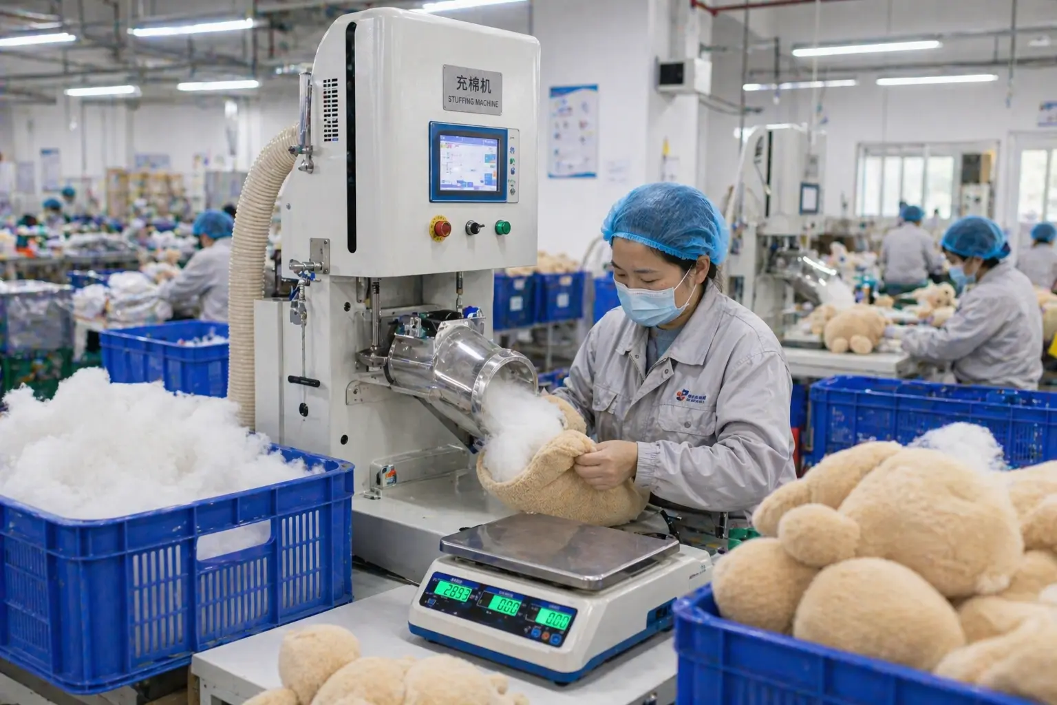 Stuffing and shaping process for plush products with controlled filling workflow