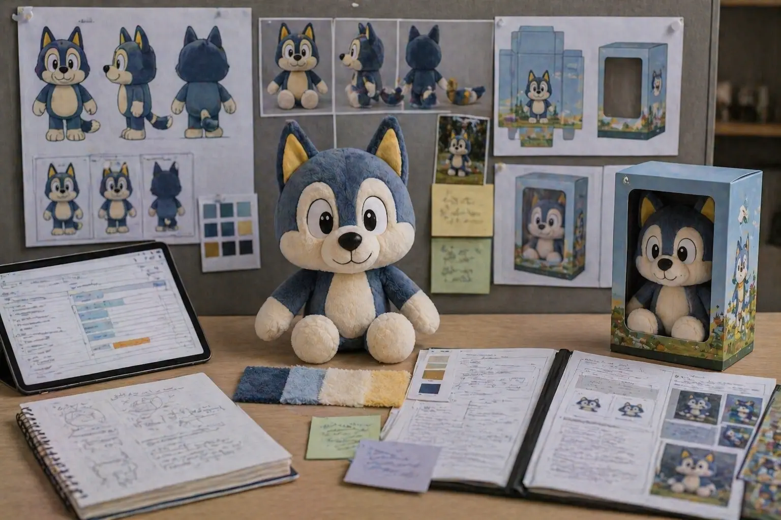 Licensed plush approval workflow with samples, notes, and packaging references
