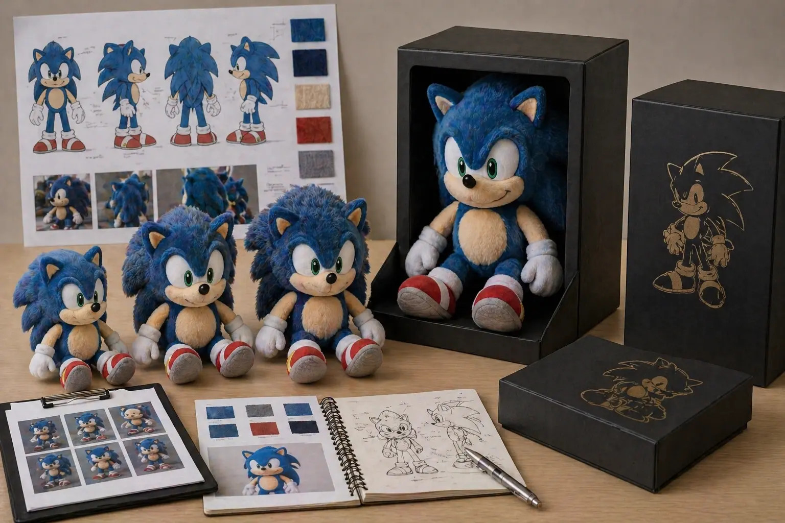 Licensed character plush development showcase with premium samples, packaging references, and project review materials