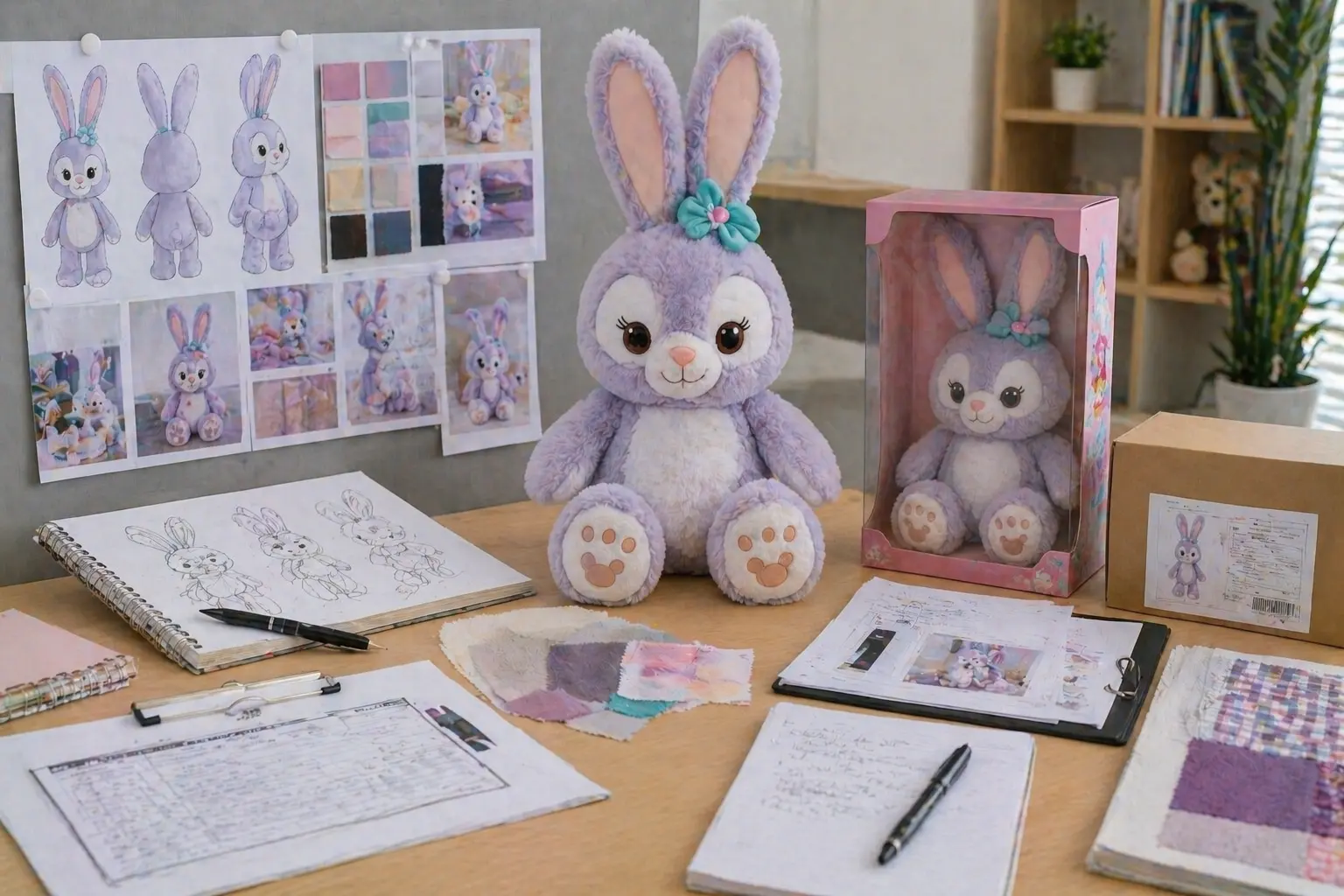 Licensed character plush development scene with sample plush, concept materials, and packaging references
