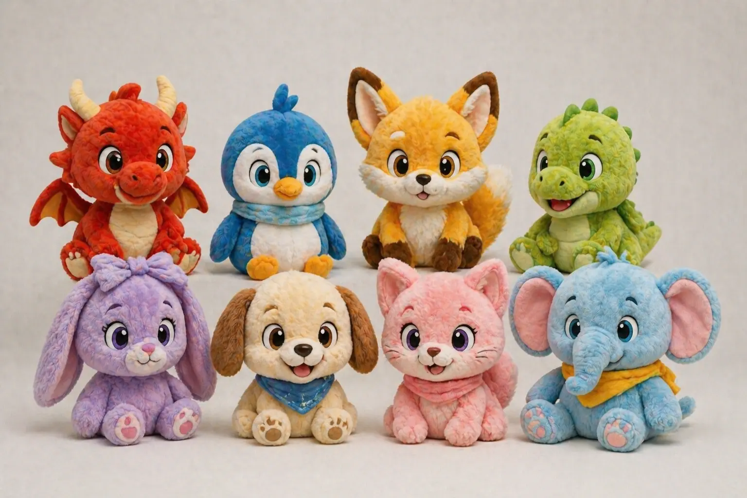 Animated character plush series with consistent styling and color matching