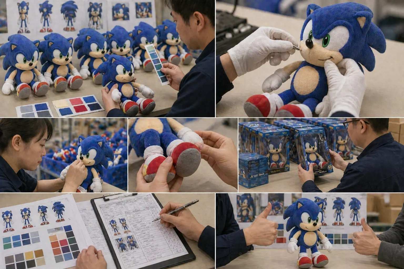 Quality control process for licensed character plush including color review, workmanship checks, and packaging inspection