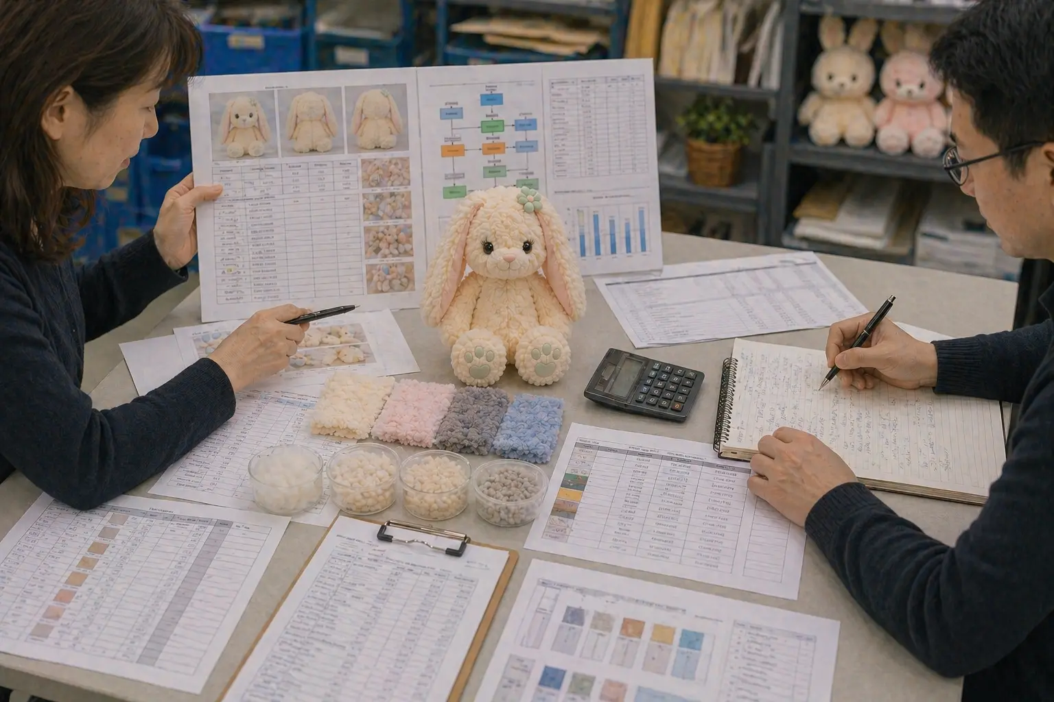 Manufacturing cost optimization review with plush sample and production planning notes