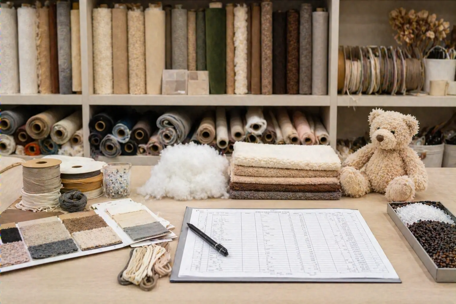 Material library shelves with fabric rolls and BOM sheet on a plush product development table