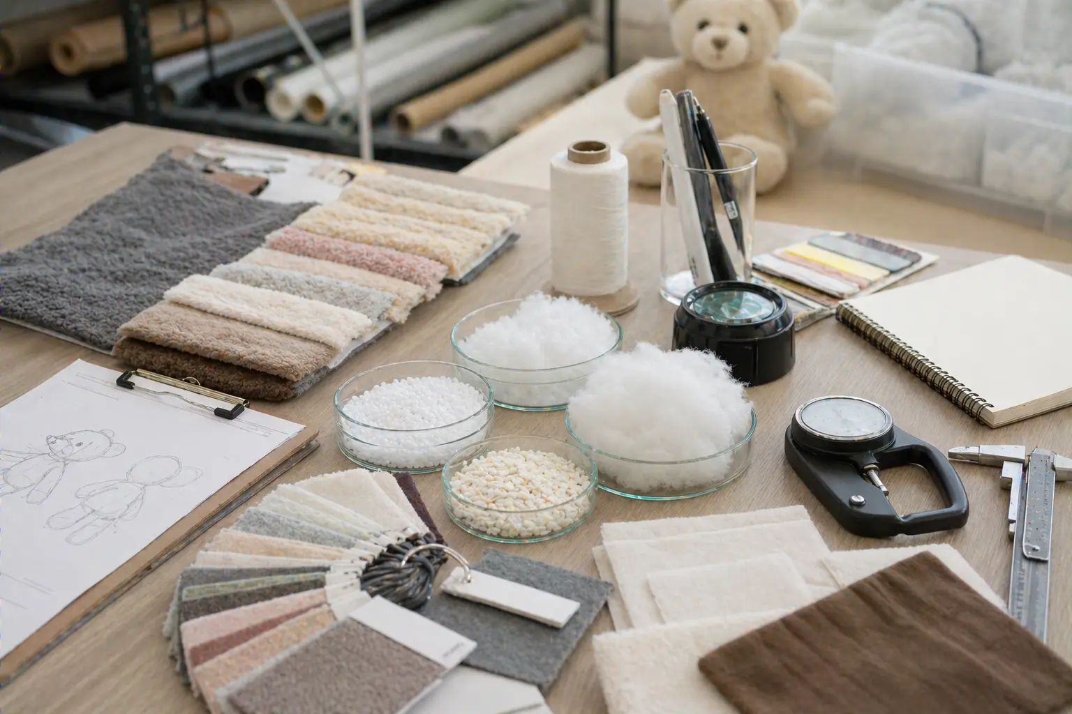Plush material workbench showing fabric swatches, filling samples, specification notes, and QC tools for product development