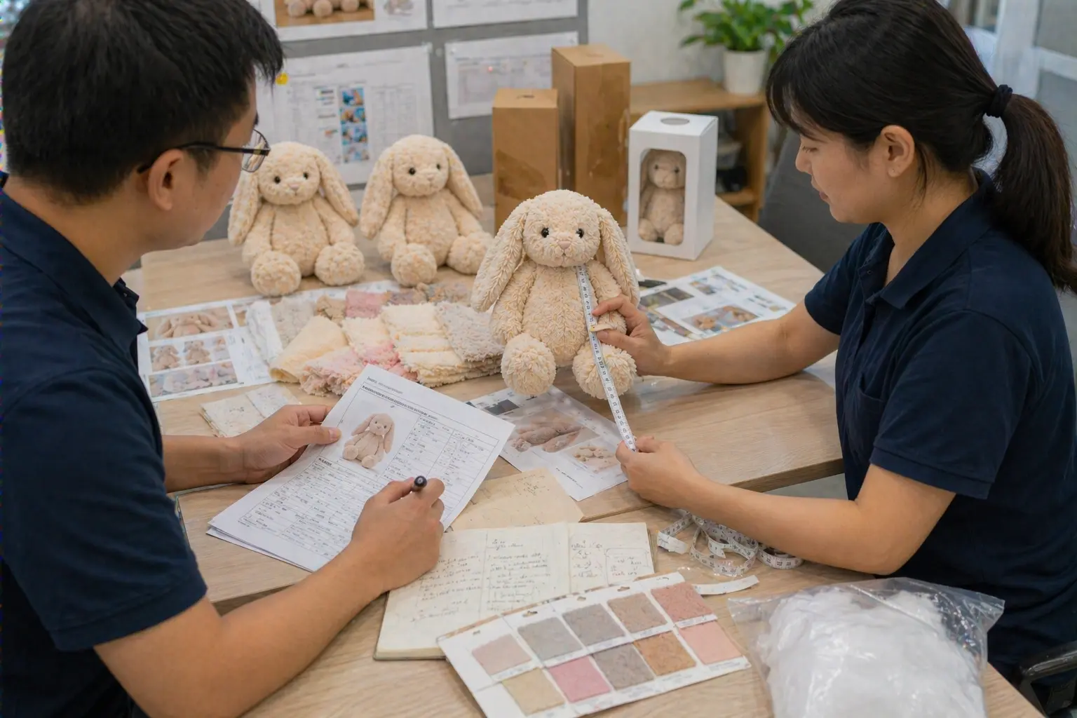 Buyer and engineer discussing plush costing with sample toy, measuring tape, BOM sheet, and packaging notes