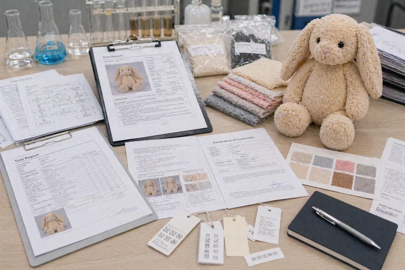 Compliance documents and test preparation materials with plush sample and fabric swatches on desk