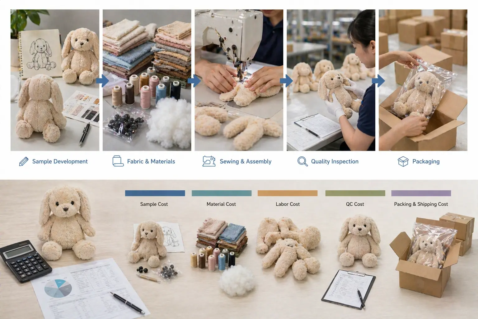 Cost structure visual showing plush pattern development, sample making, materials, QC inspection, and packaging steps