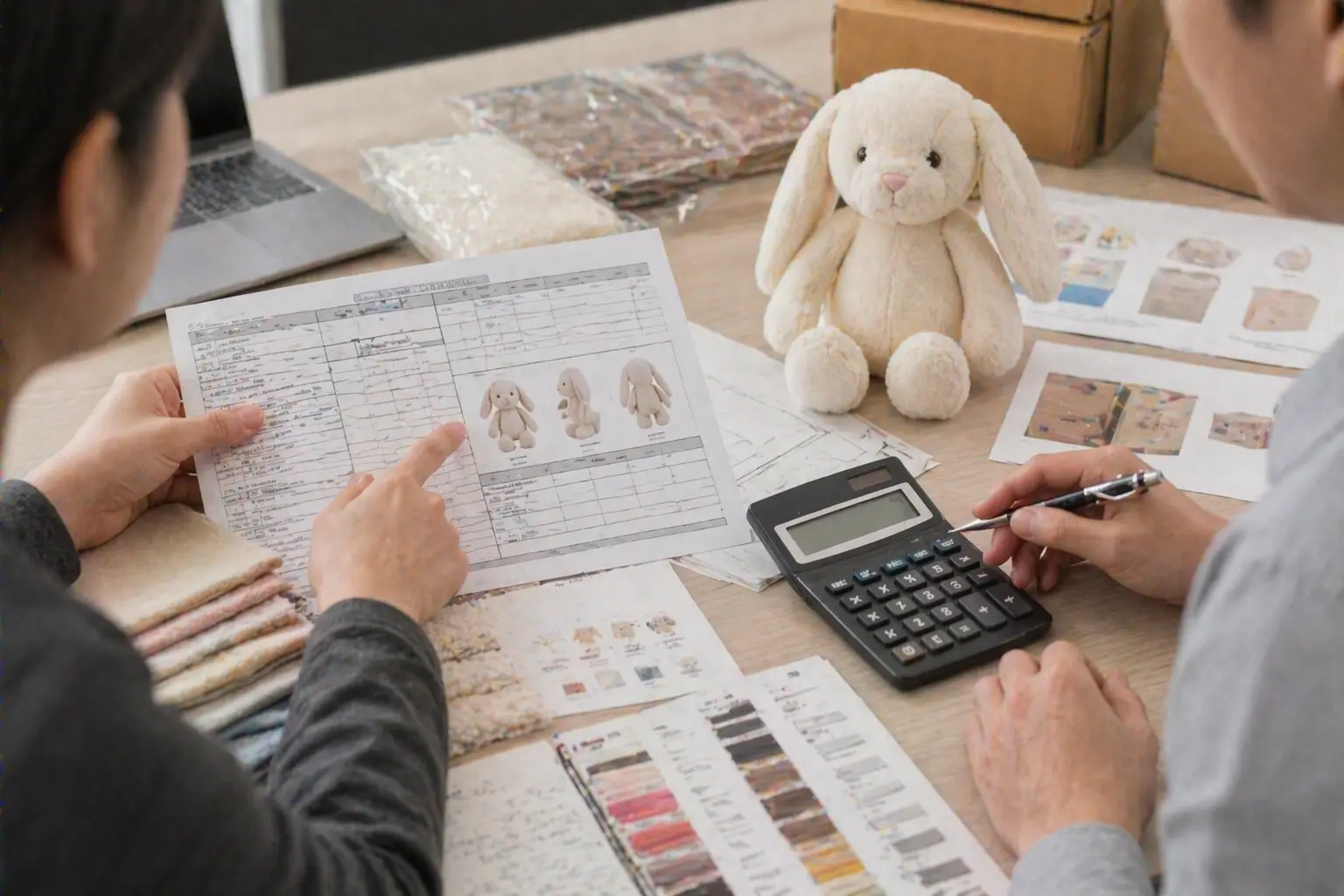 Plush manufacturing costing discussion with plush sample, BOM sheet, packaging notes, and material swatches on a professional worktable