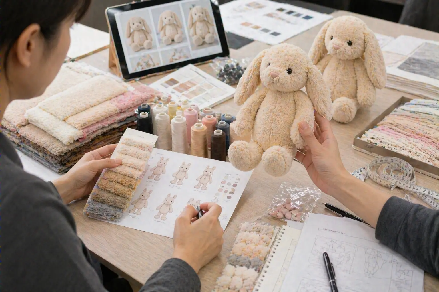 Material swatches and plush design optimization with fabrics, embroidery threads, and prototype details