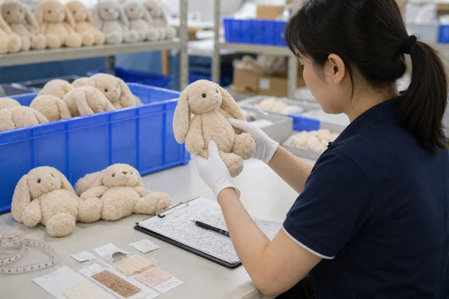 Quality inspection scene showing plush stitching, seams, labeling, and checkpoint review