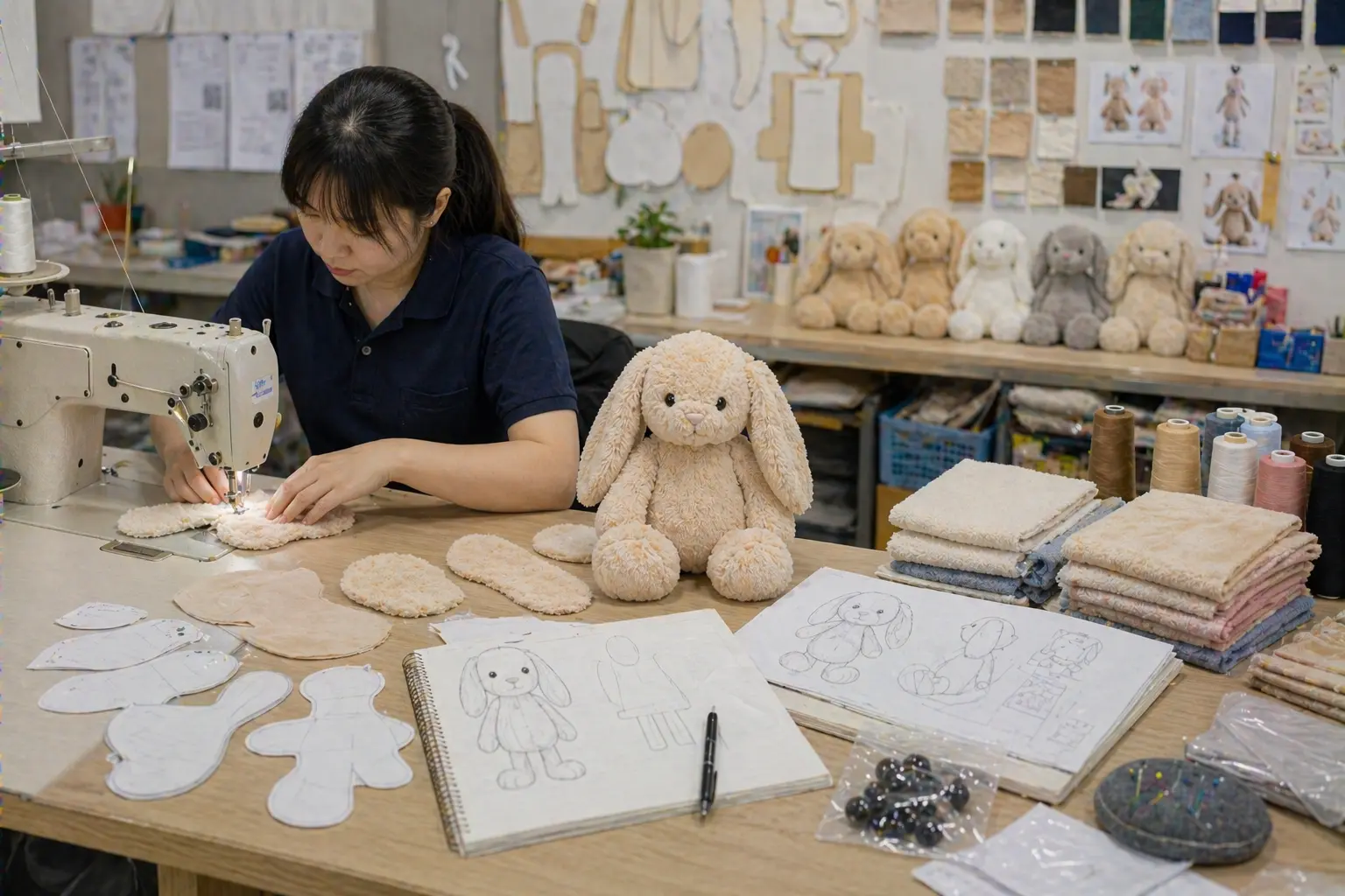 Sampling workshop scene with pattern pieces, sewing process, and plush prototype development