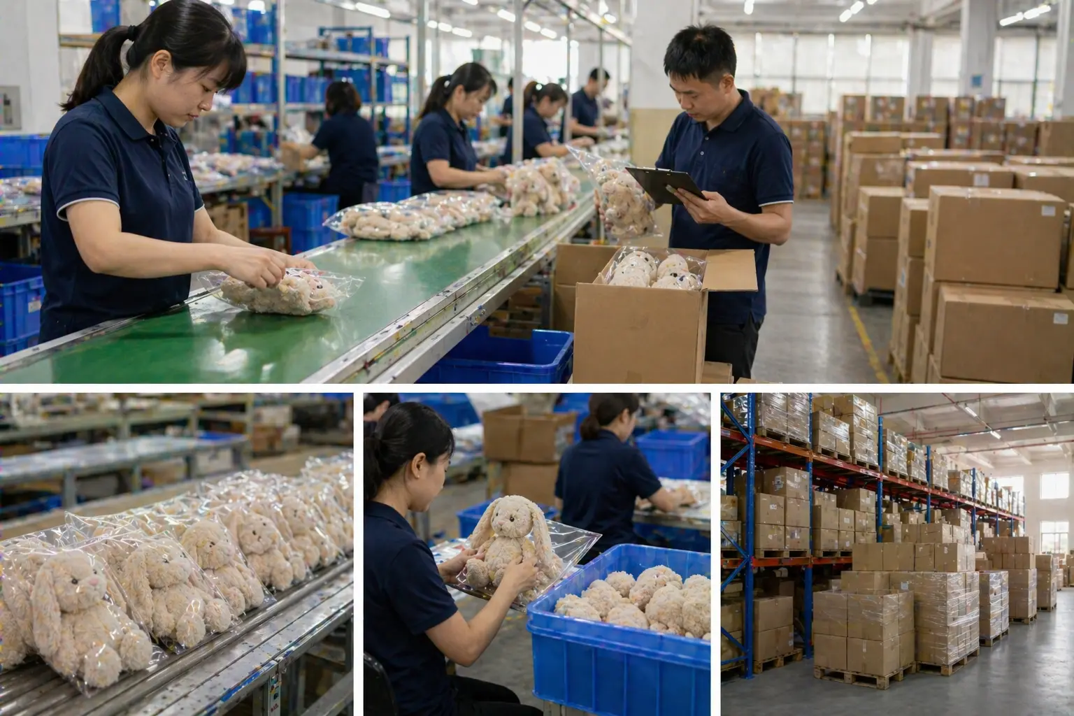 Plush warehouse and packing line with organized cartons and quality review for MOQ tier planning