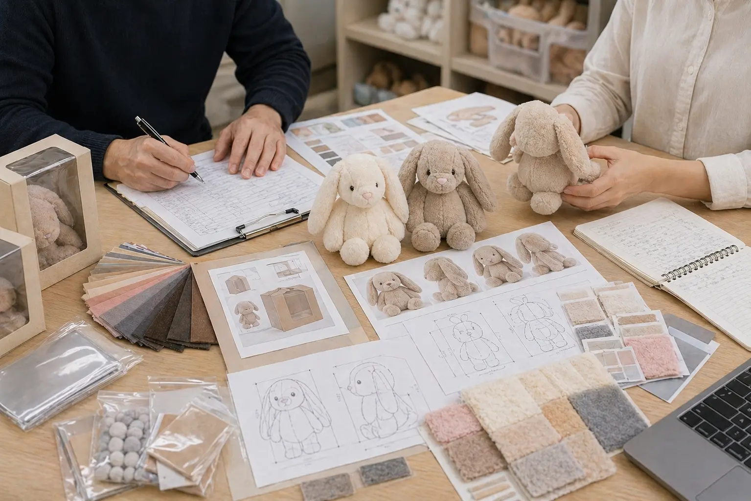 OEM plush toy manufacturing planning scene with specification sheets, plush samples, fabric swatches, and production documents