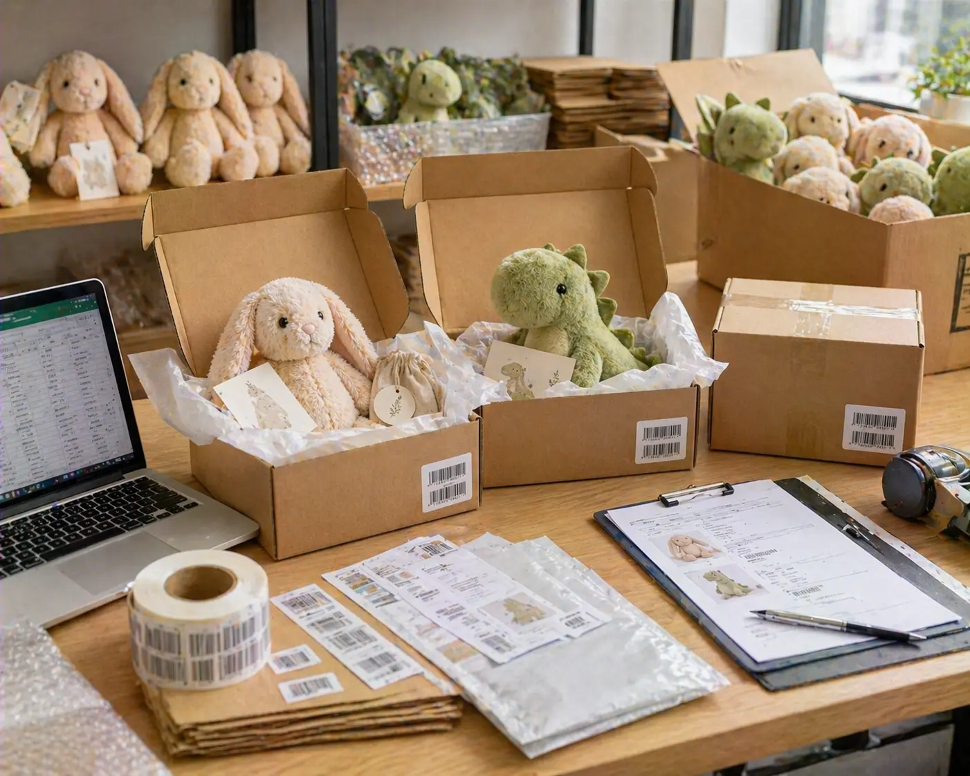 Plush packaging and logistics planning scene showing plush products, cartons, labels, and shipping preparation materials